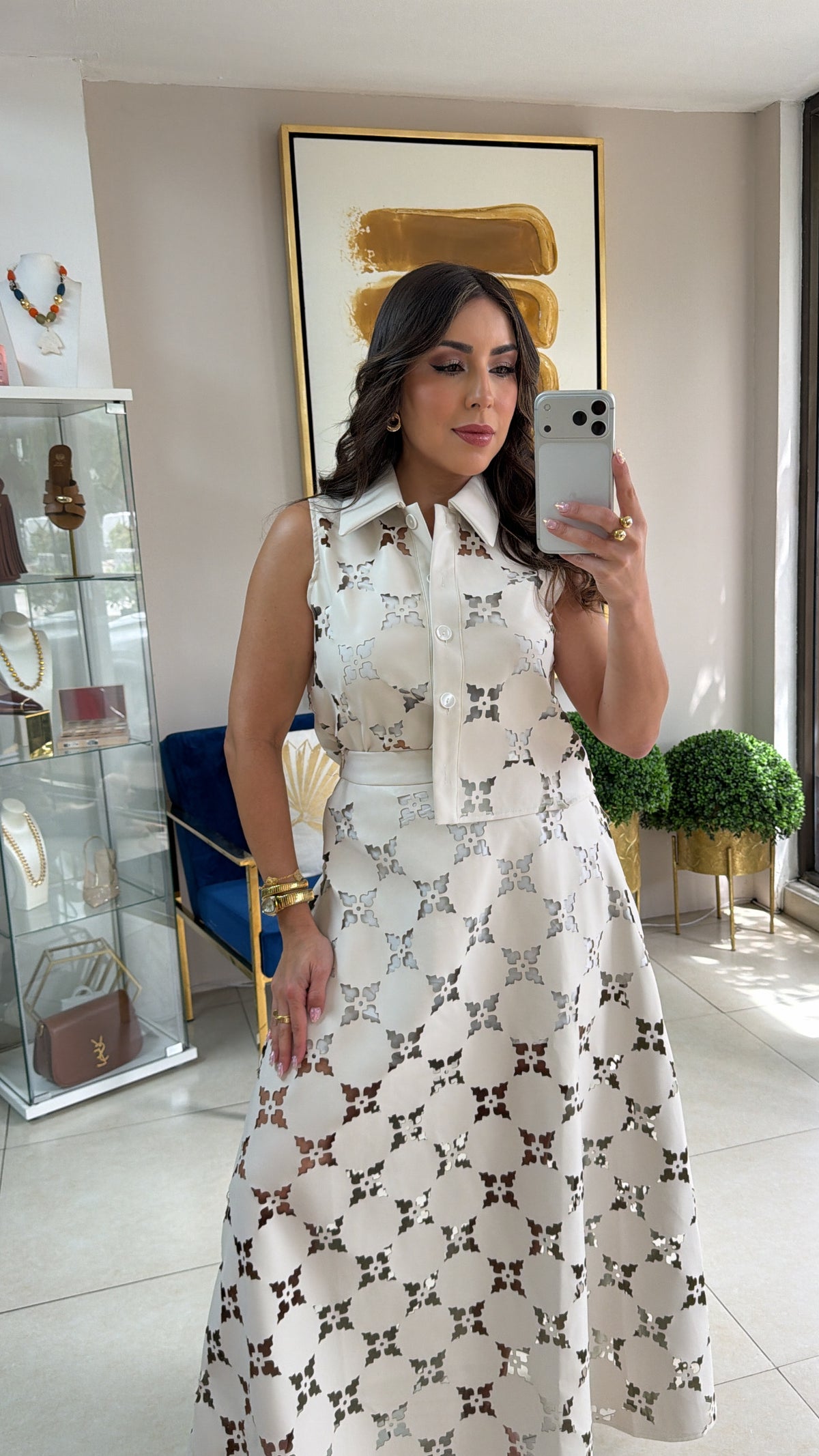 Off White Lasercut Skirt Set