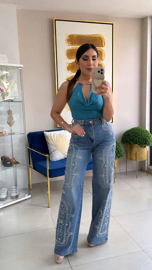 Wide Leg Rhinestones Jean