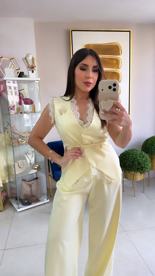 Yellow Satin Vest Set