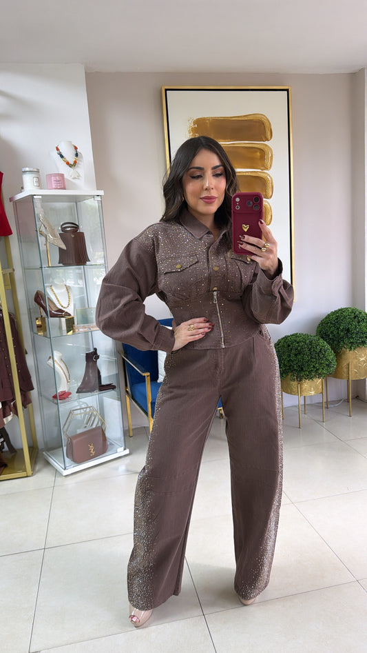 Brown Rhinestones Pant Set (copia)