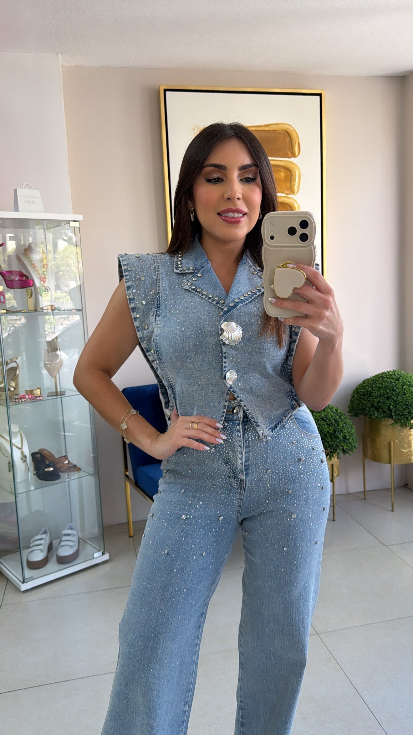 Denim Rhinestones Pant Set