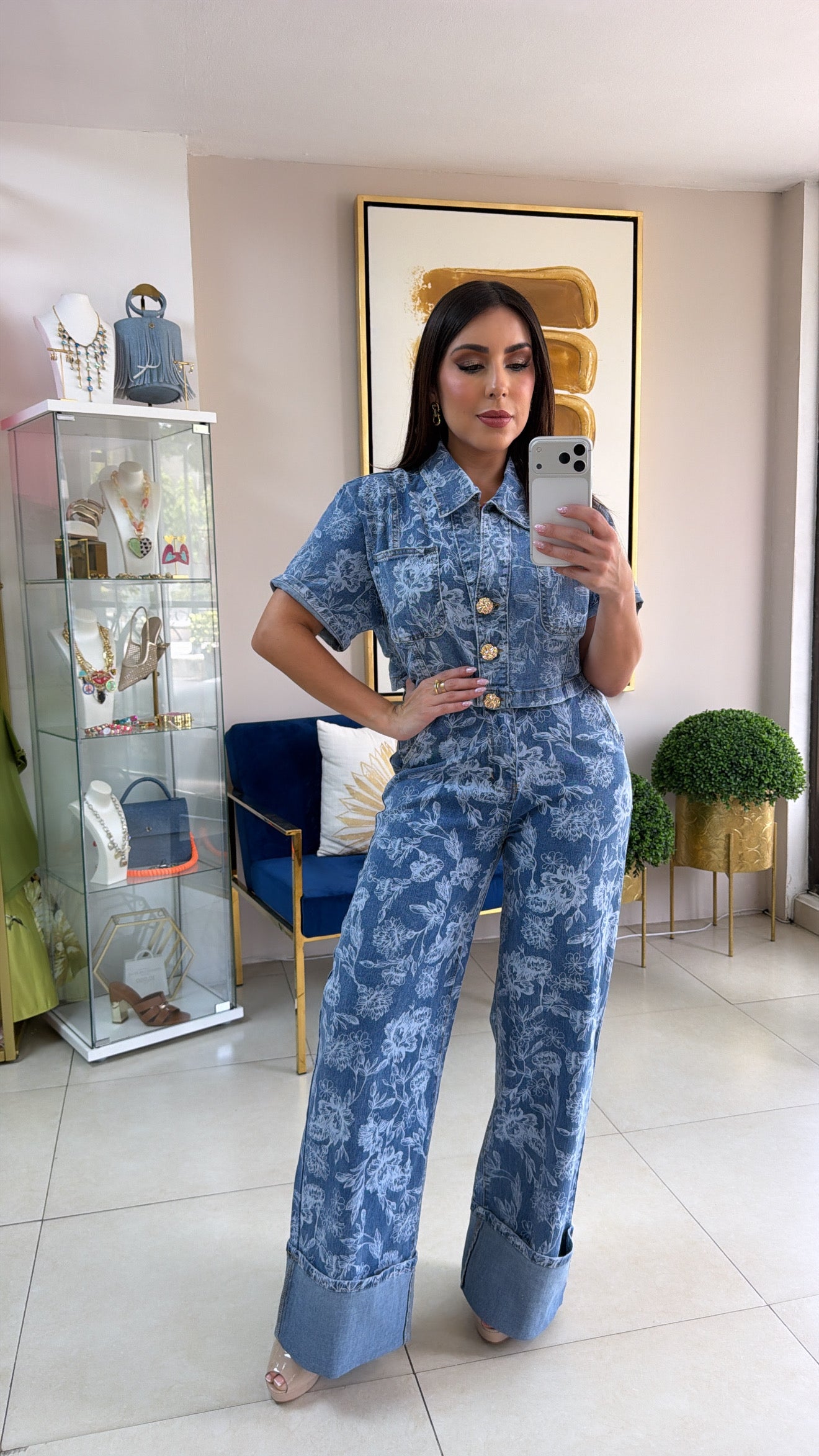 Flowers Denim Pant Set
