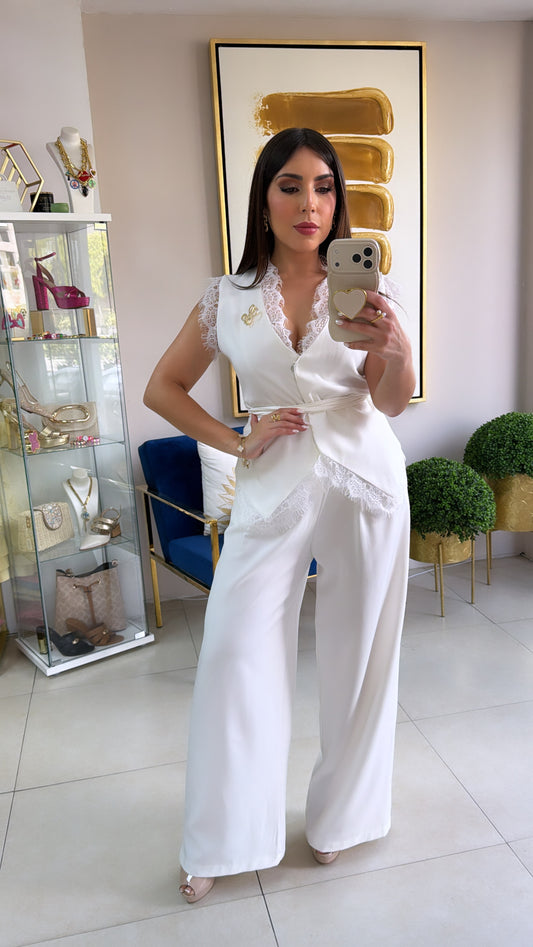 White Satin Vest Set