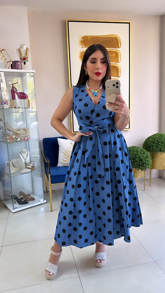 Blue Polkadots Midi Dress