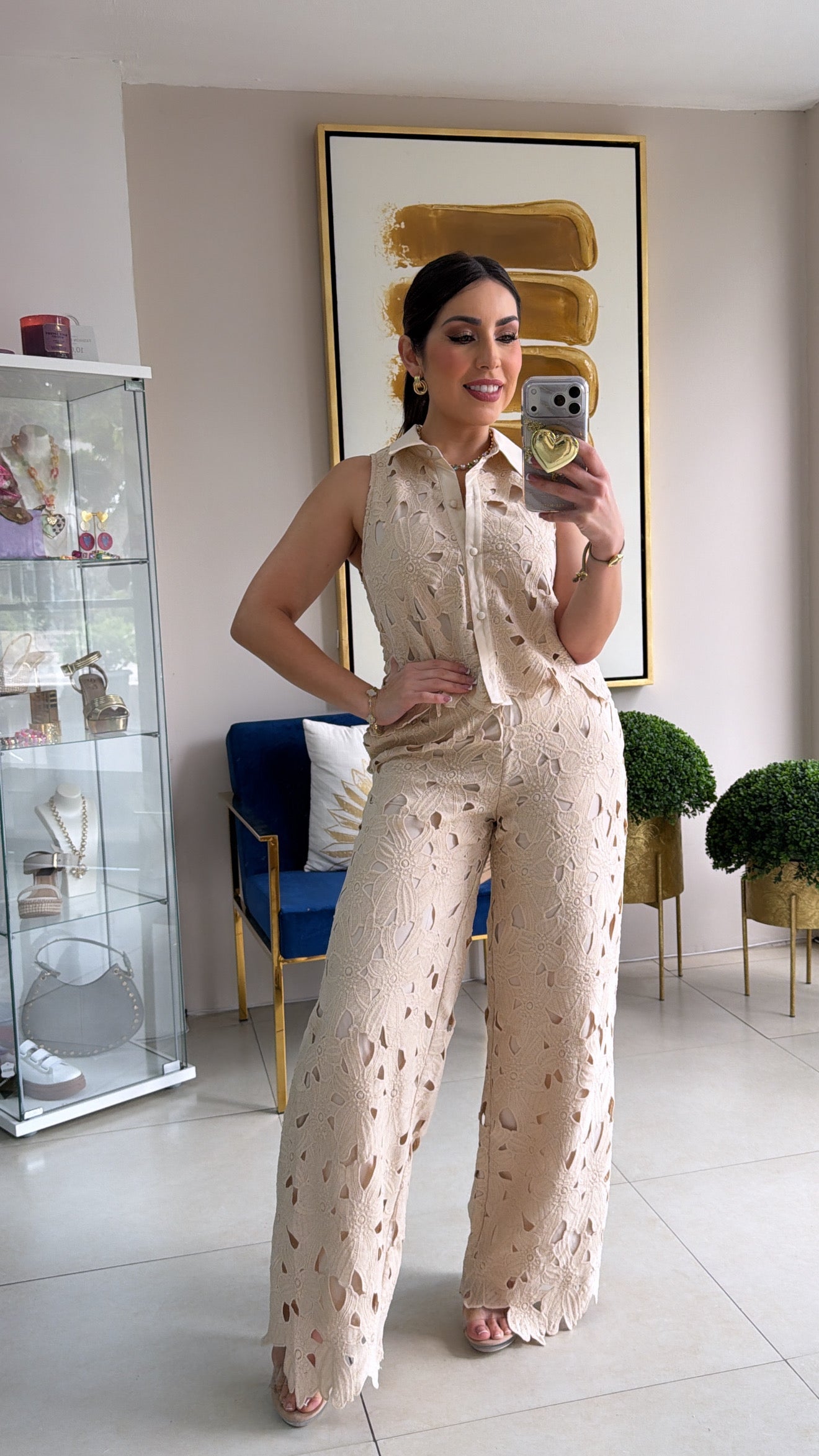 Beige Crochet Pant Set