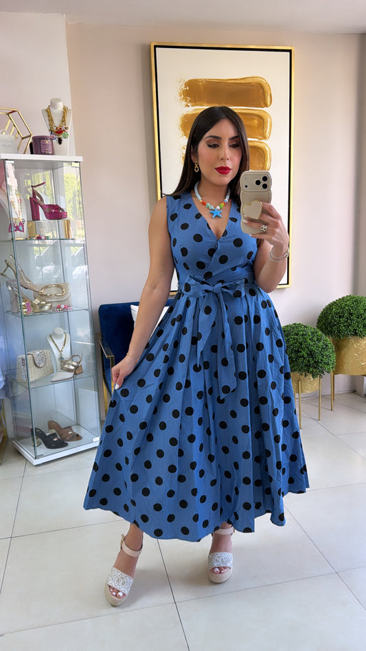 Blue Polkadots Midi Dress