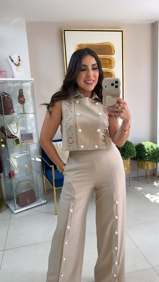 Cream Pearls Pant Set