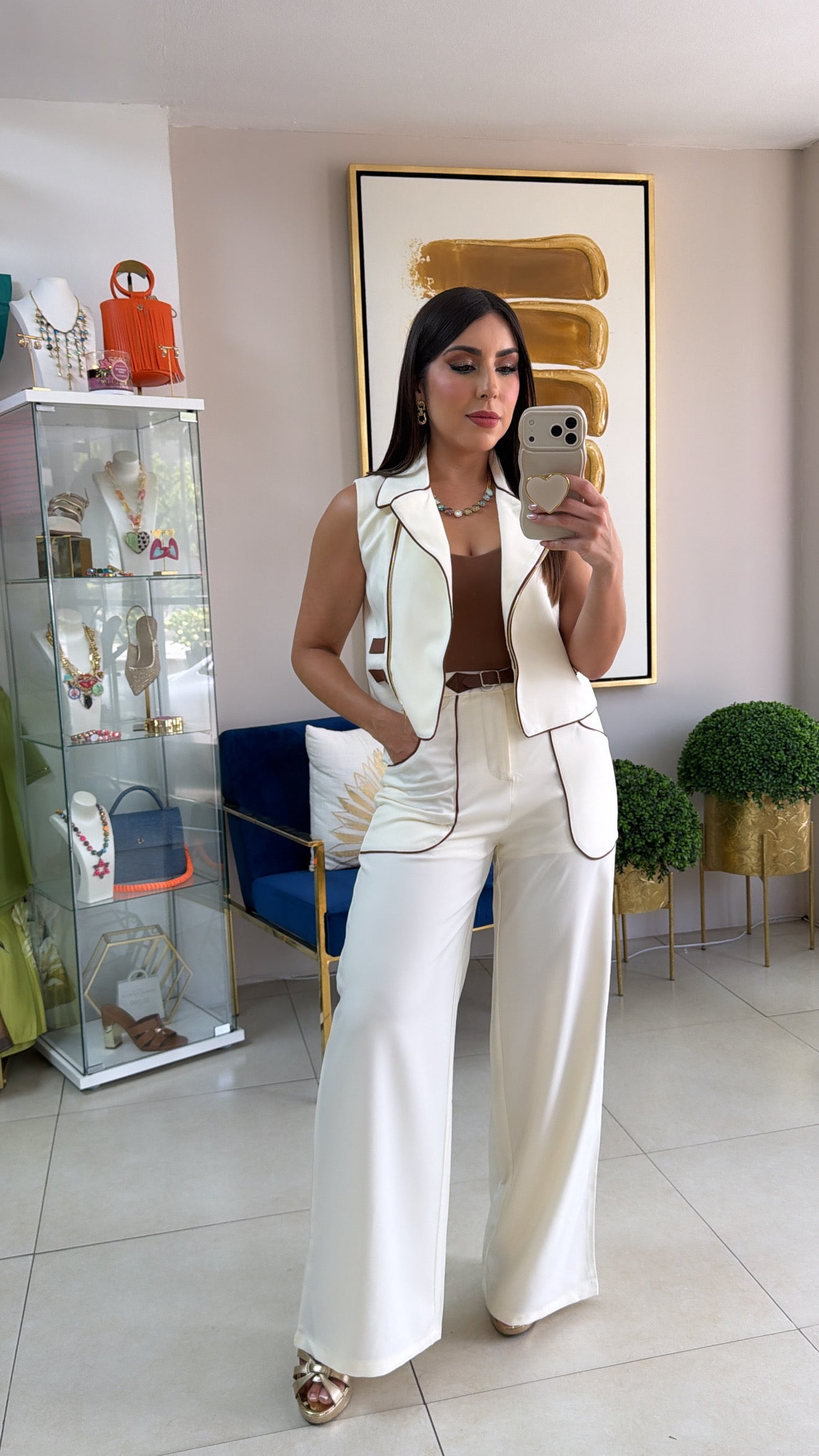 Cream & Brown Pant Set
