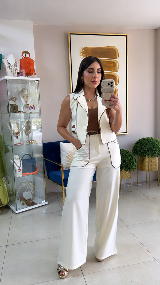 Cream & Brown Pant Set