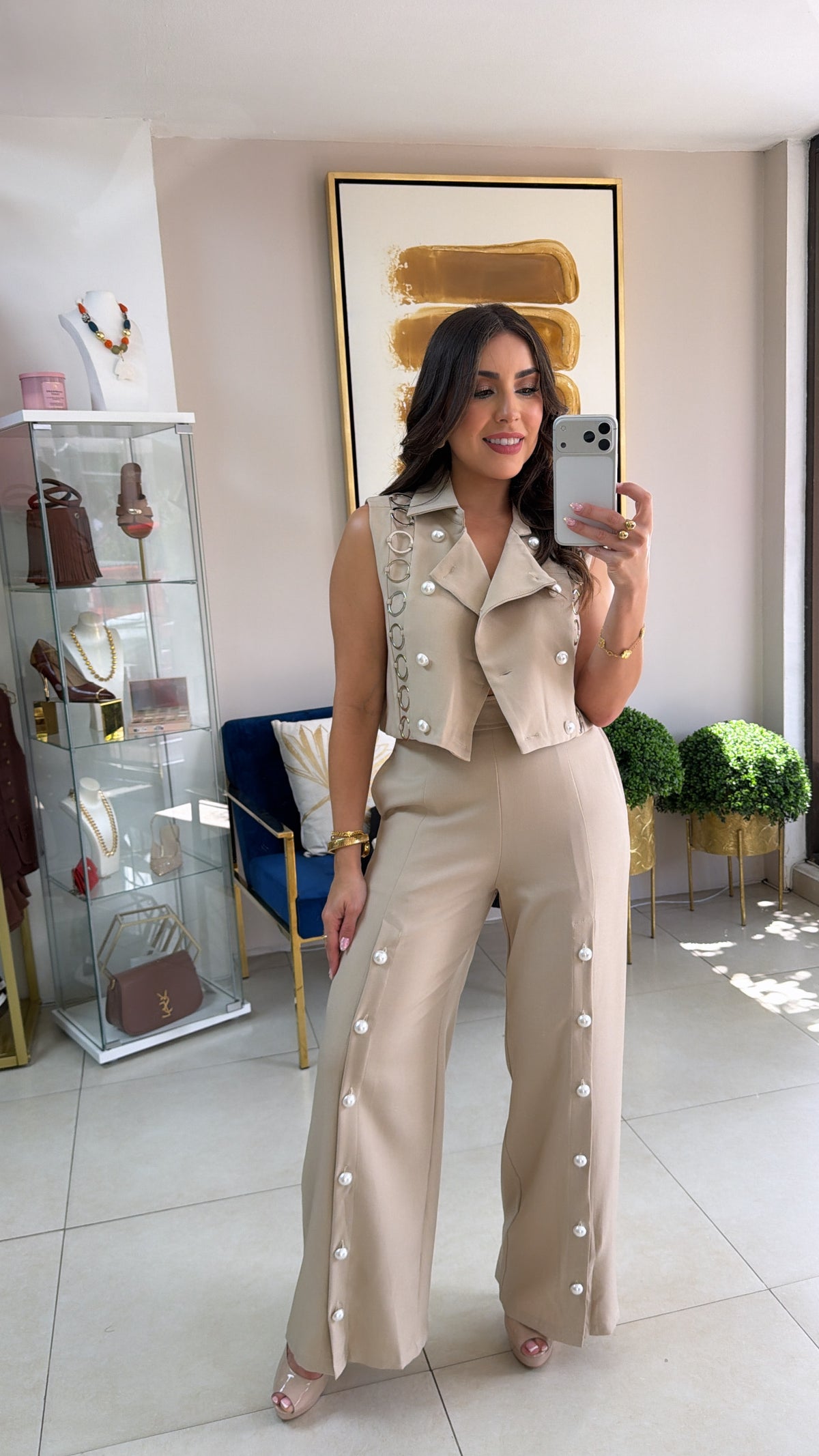 Cream Pearls Pant Set