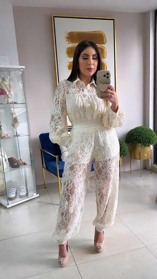 Cream Lace Jogger Set