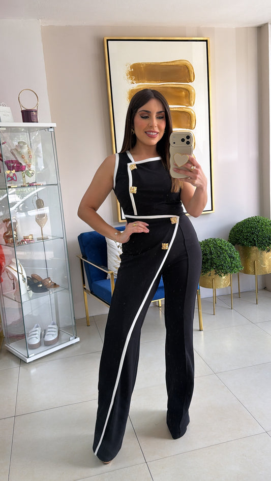 Black White Gold Buttons Jumpsuit