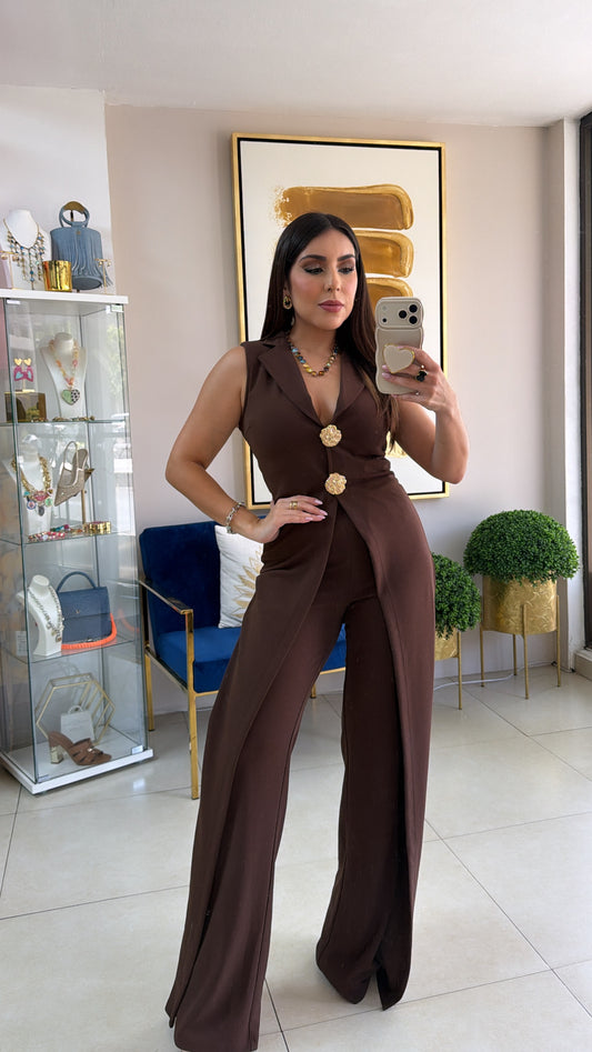 Brown Gold Buttons Jumpsuit
