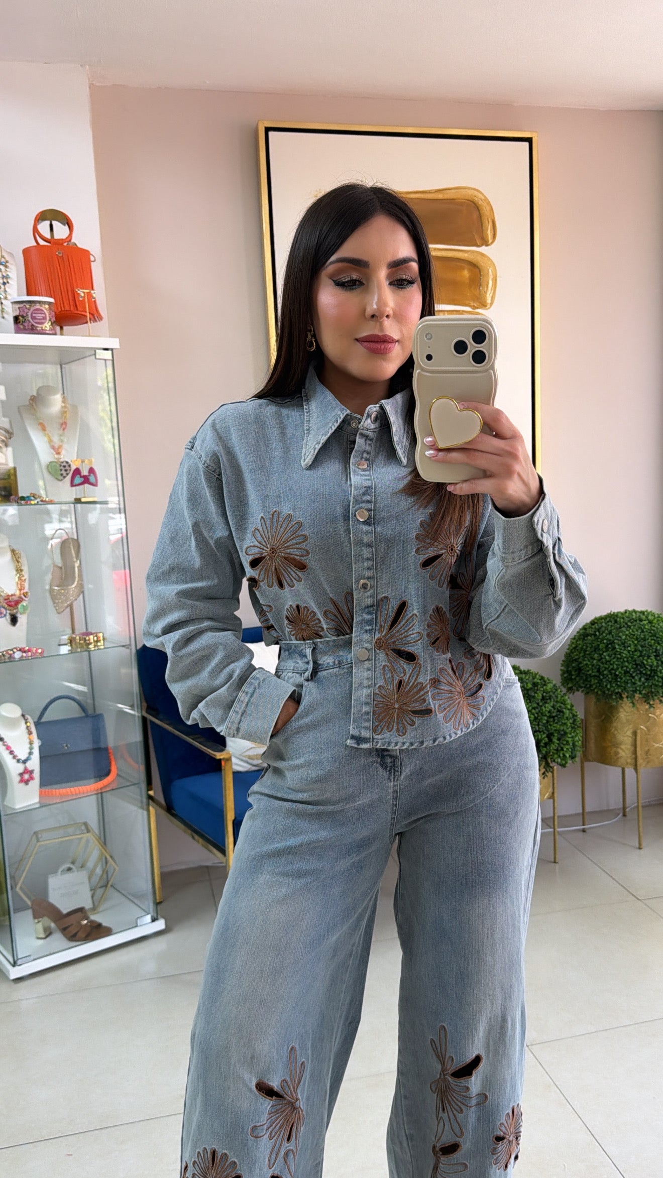 Denim Flower Embroidered Pant Set