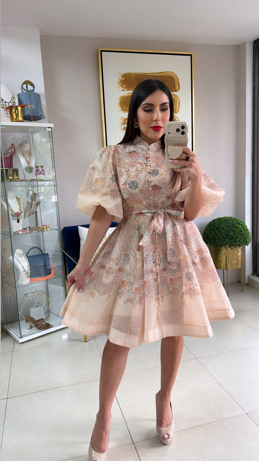 Beige Floral Short Dress