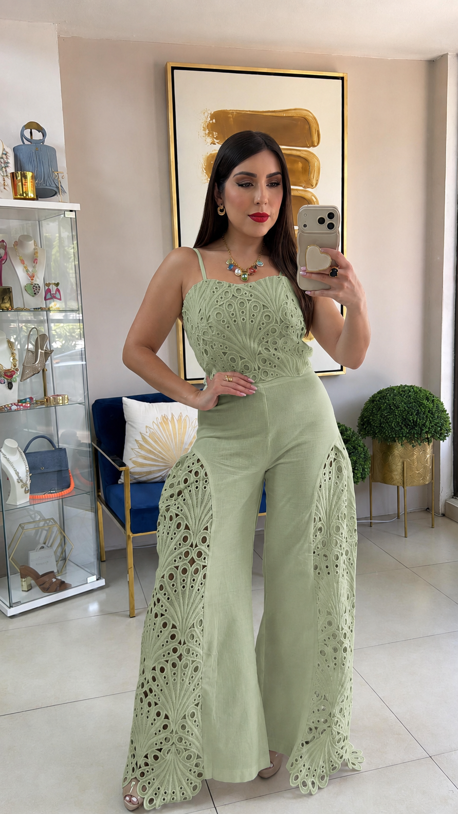 Green Eyelet Pant Set
