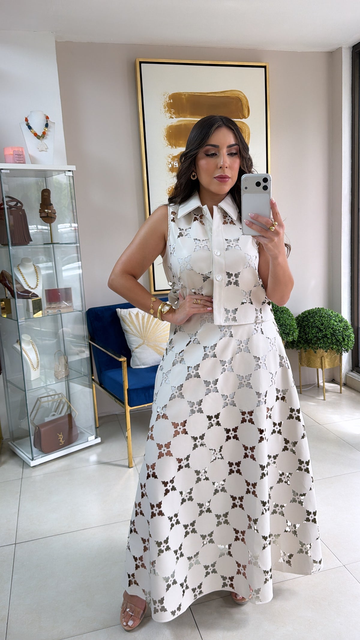 Off White Lasercut Skirt Set