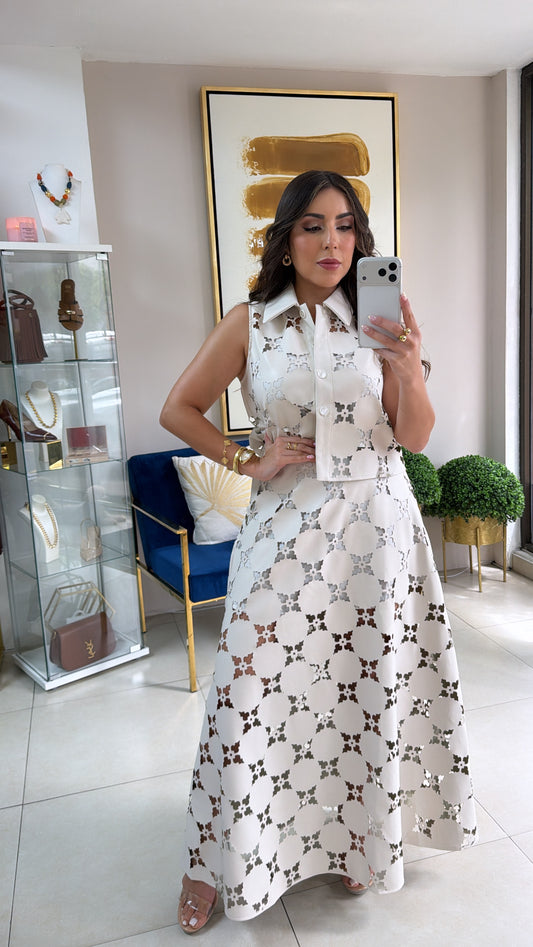 Off White Lasercut Skirt Set
