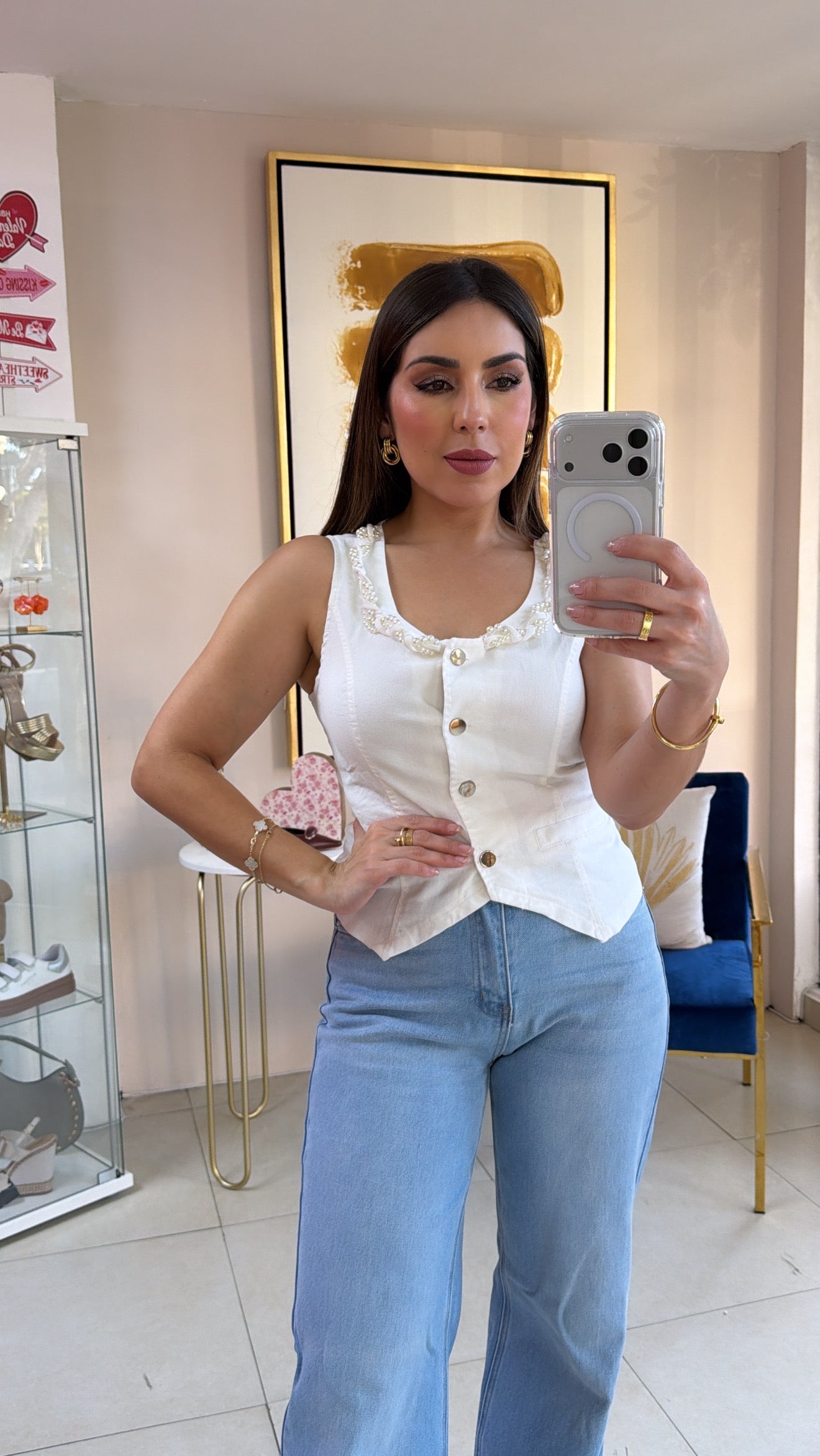 White Denim & Pearls Vest Top