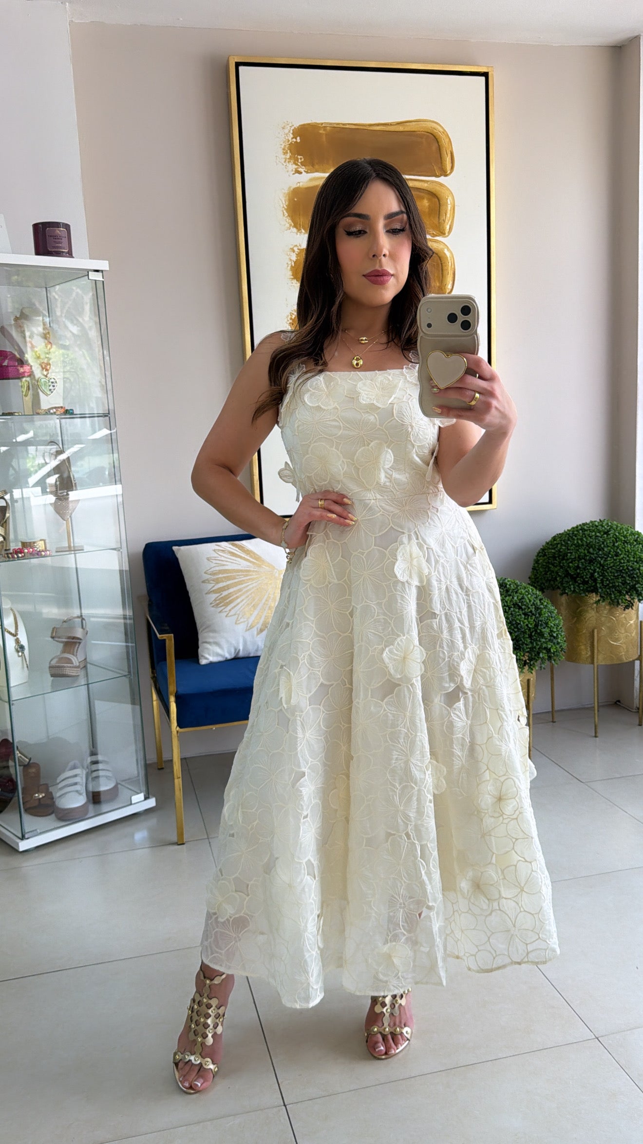 Cream 3D Flowers Dress