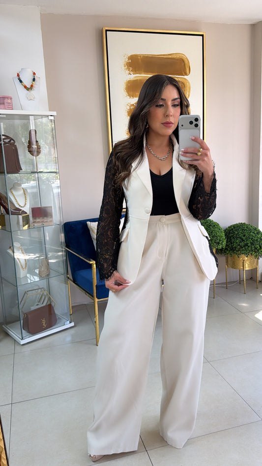 Cream Blazer Black Lace Set