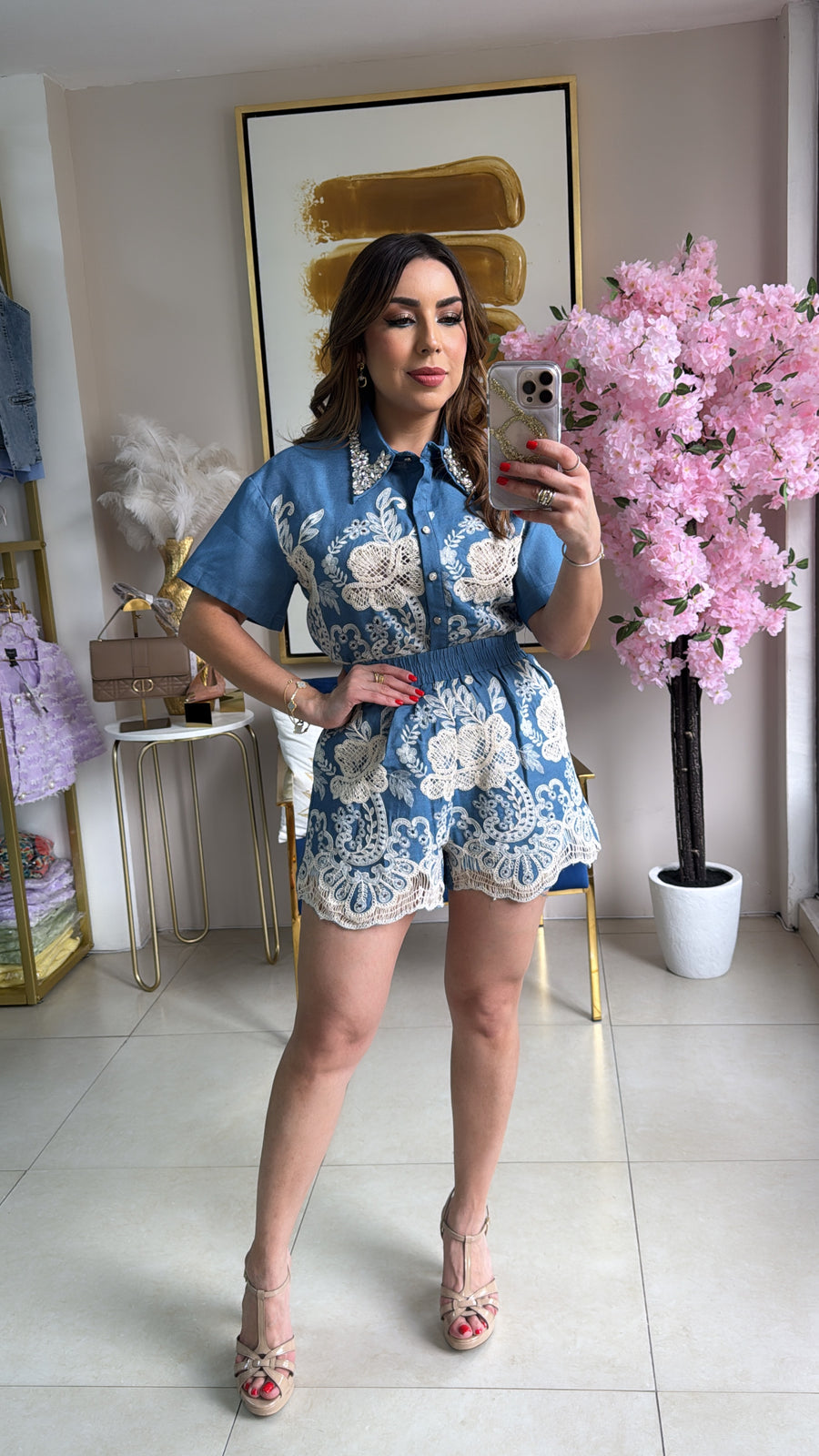 Denim Embroidery Short Set