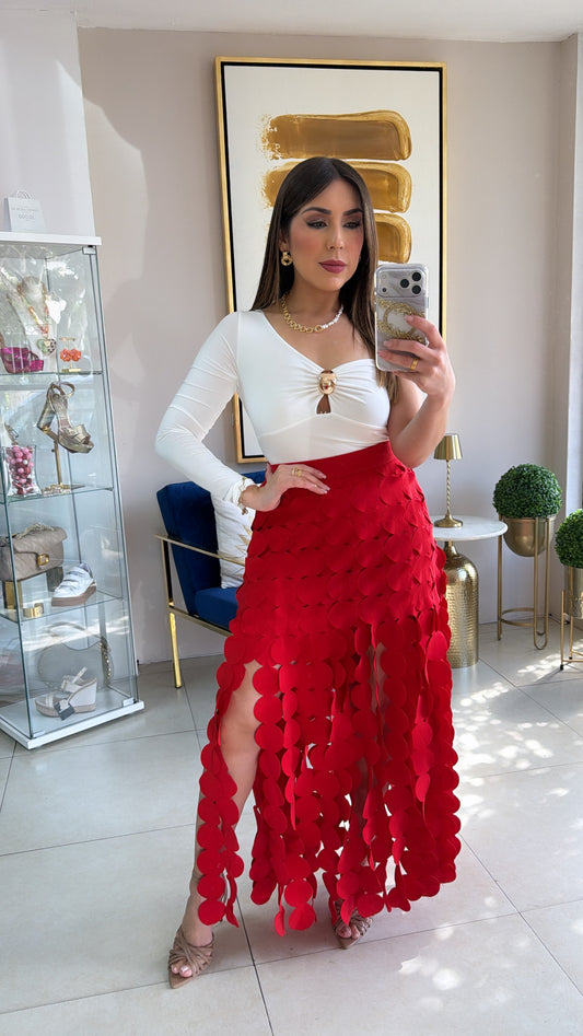 Bodysuit and Red Skirt Set