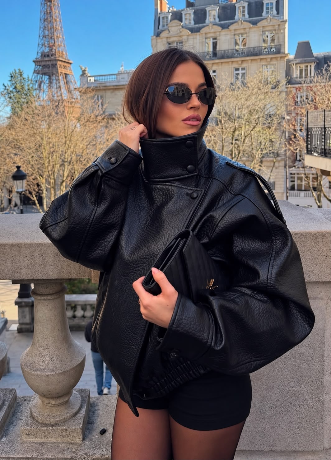 Black Hi Neck Leather Jacket