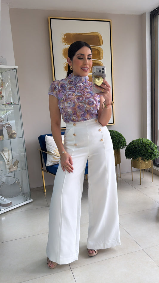 White Gold Buttons Palazzo