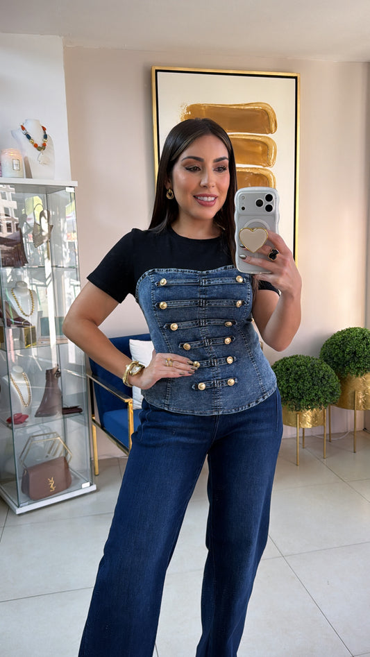 Black and Denim Napoleón Top