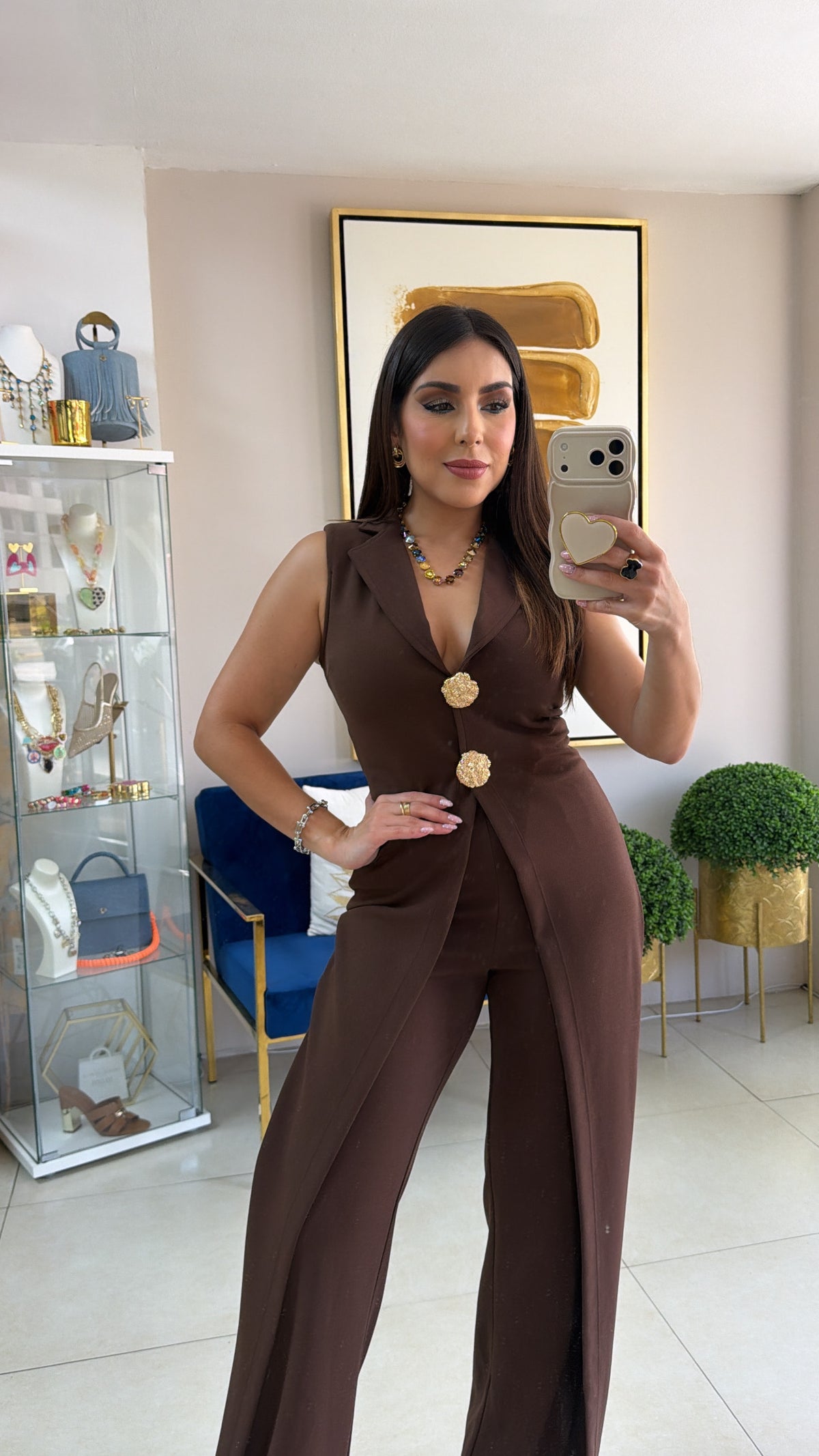 Brown Gold Buttons Jumpsuit
