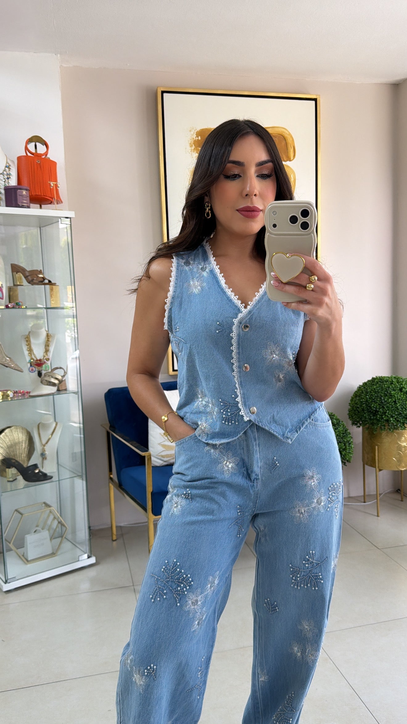 Denim Lace Vest Set