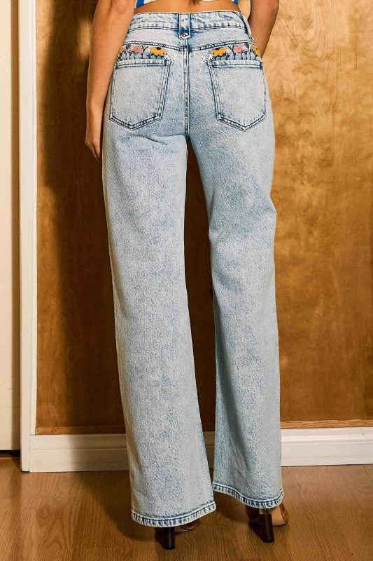 Flower Embroidery Wide Leg Jean