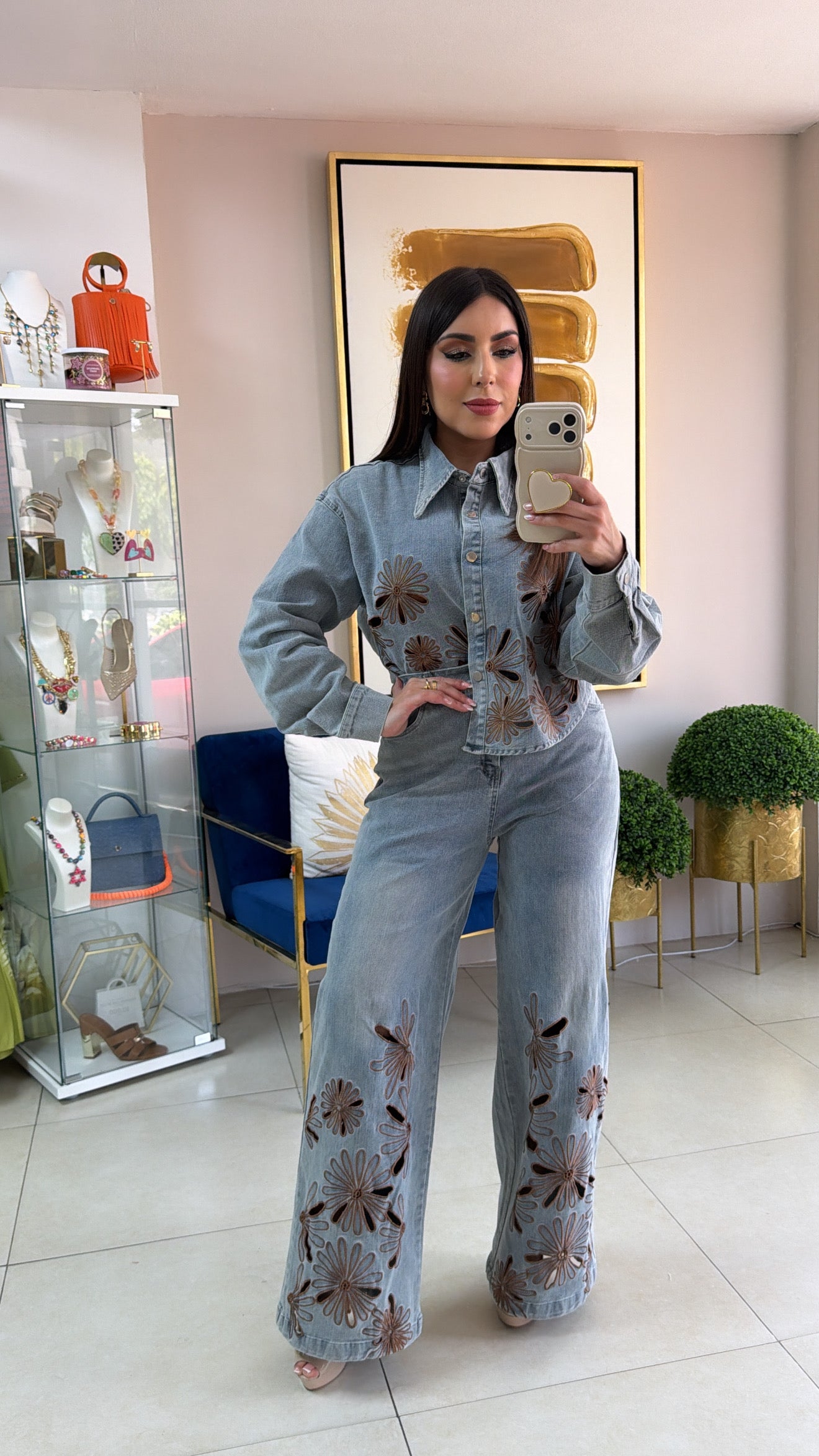 Denim Flower Embroidered Pant Set