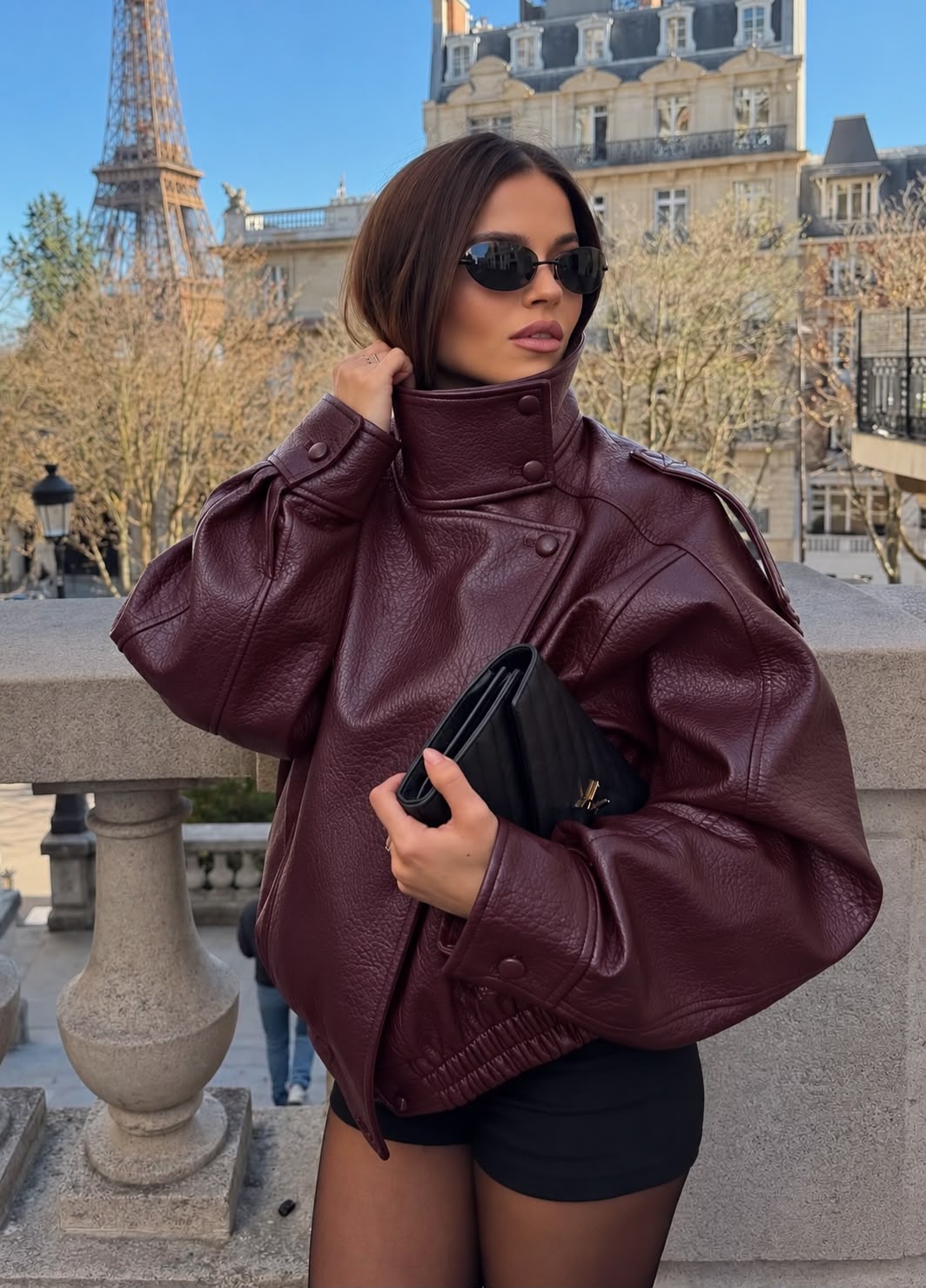 Wine Hi Neck Leather Jacket