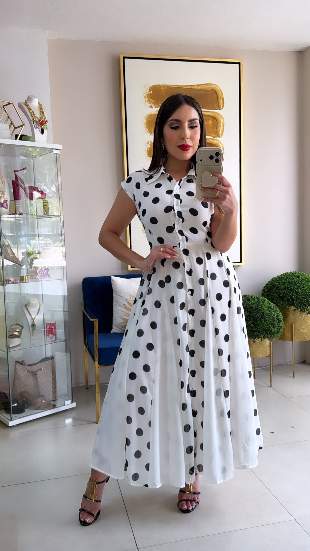 White Polka Button Down Dress
