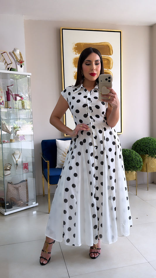 White Polka Button Down Dress