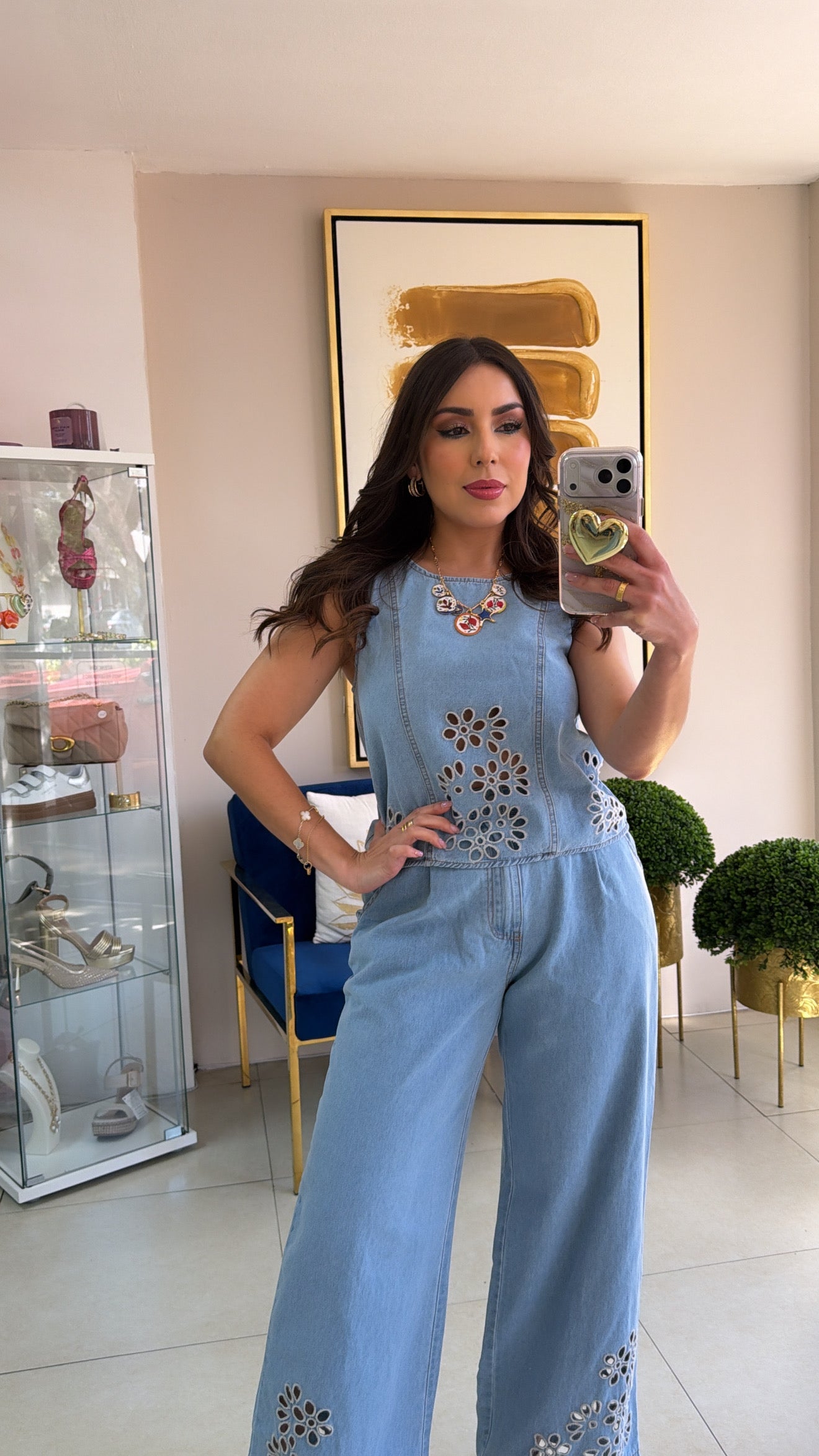 Denim Eyelet Pant Set