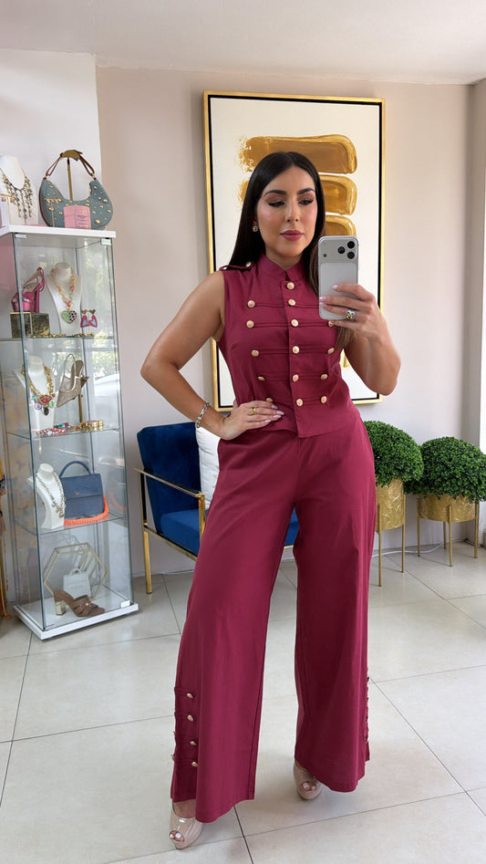 Wine Napoleon Pant Set