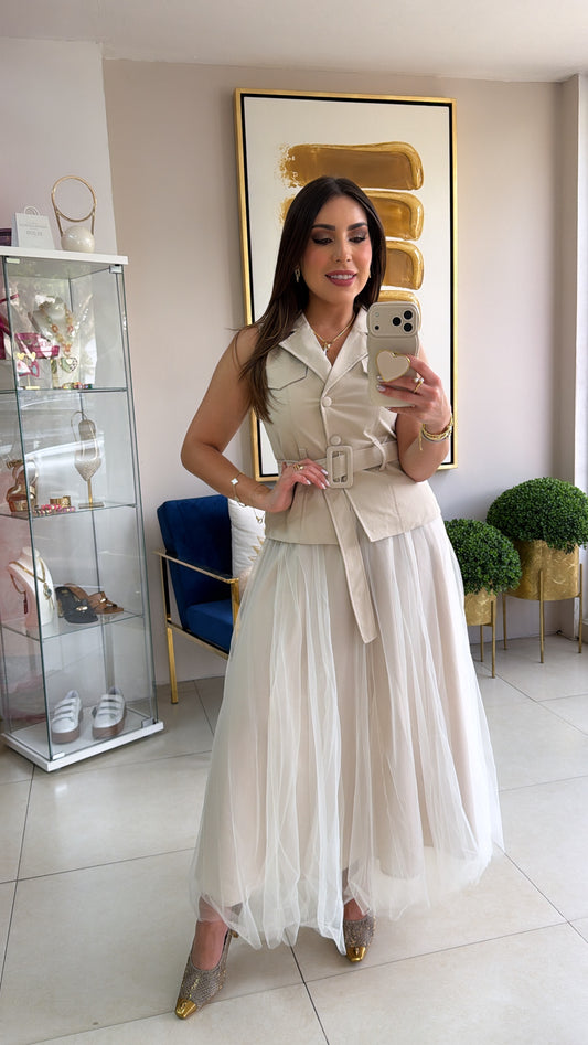 Beige Vest & Skirt Set