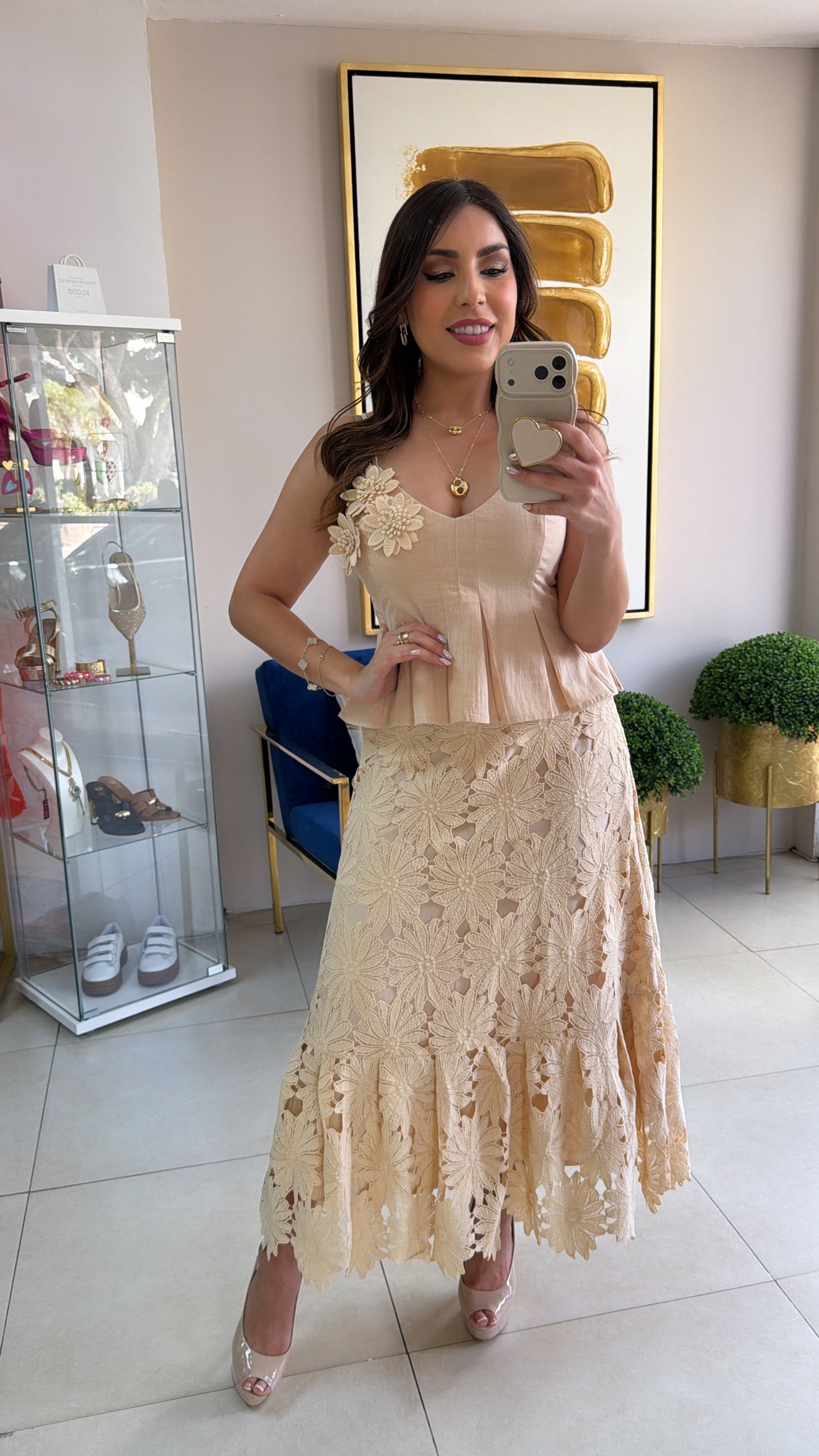Beige Crochet Skirt Set