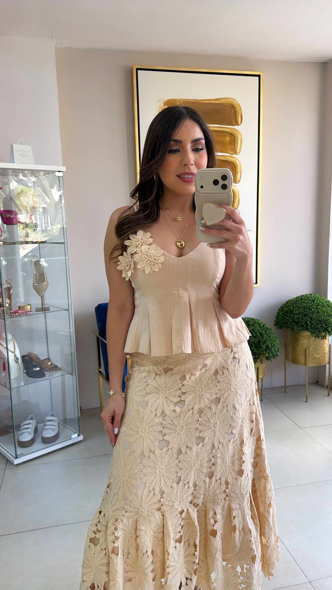 Beige Crochet Skirt Set