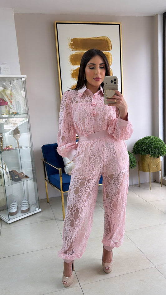 Pink Lace Jogger Set