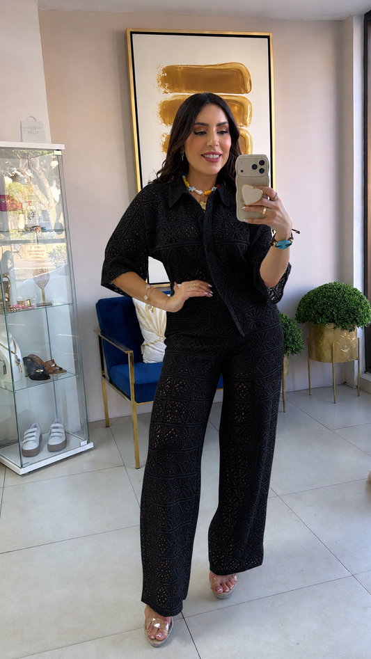 Black Crochet Pant Set