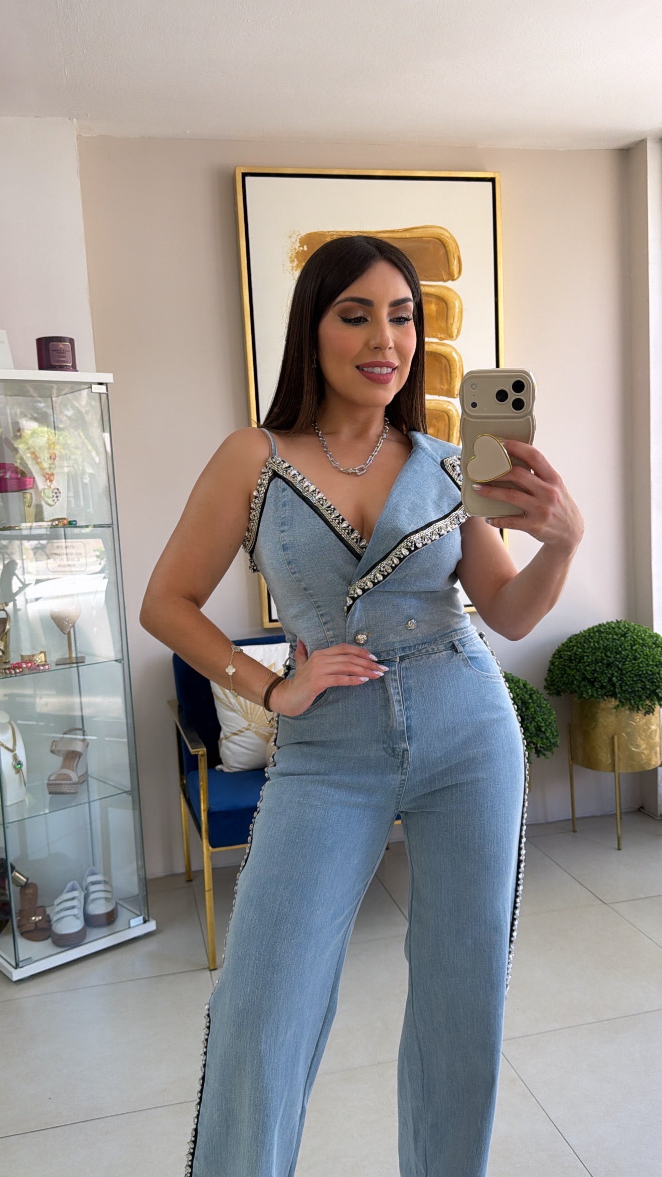 Denim Rhinestones Pant Set