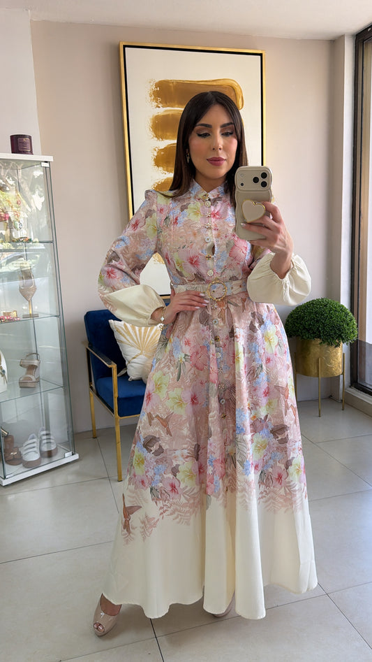 Cream Floral Long Dress