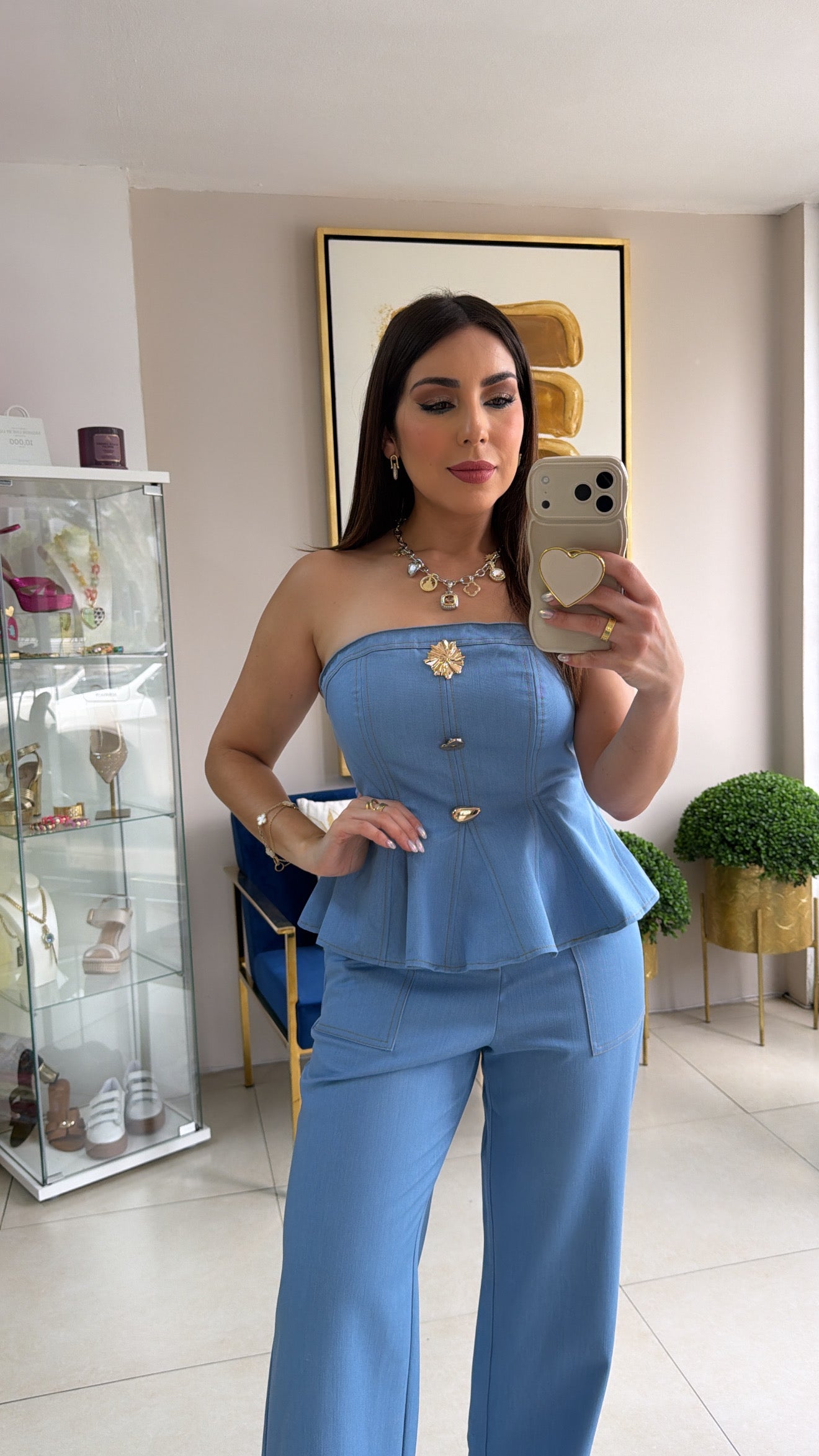 Light Blue Strapless Top and Pant Set