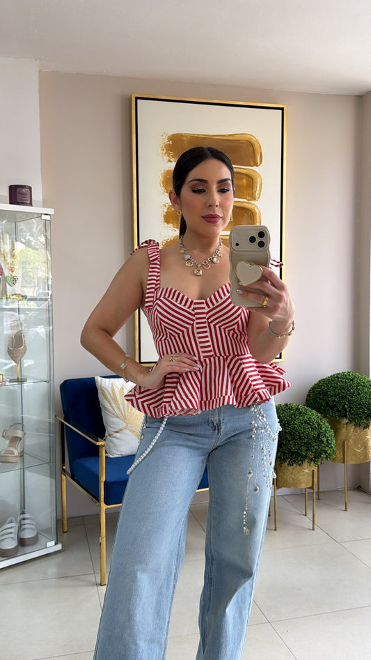 Red Stripes Pepplum Top