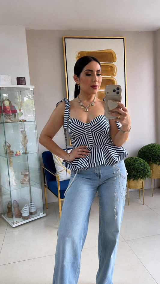 Navy Stripes Pepplum Top