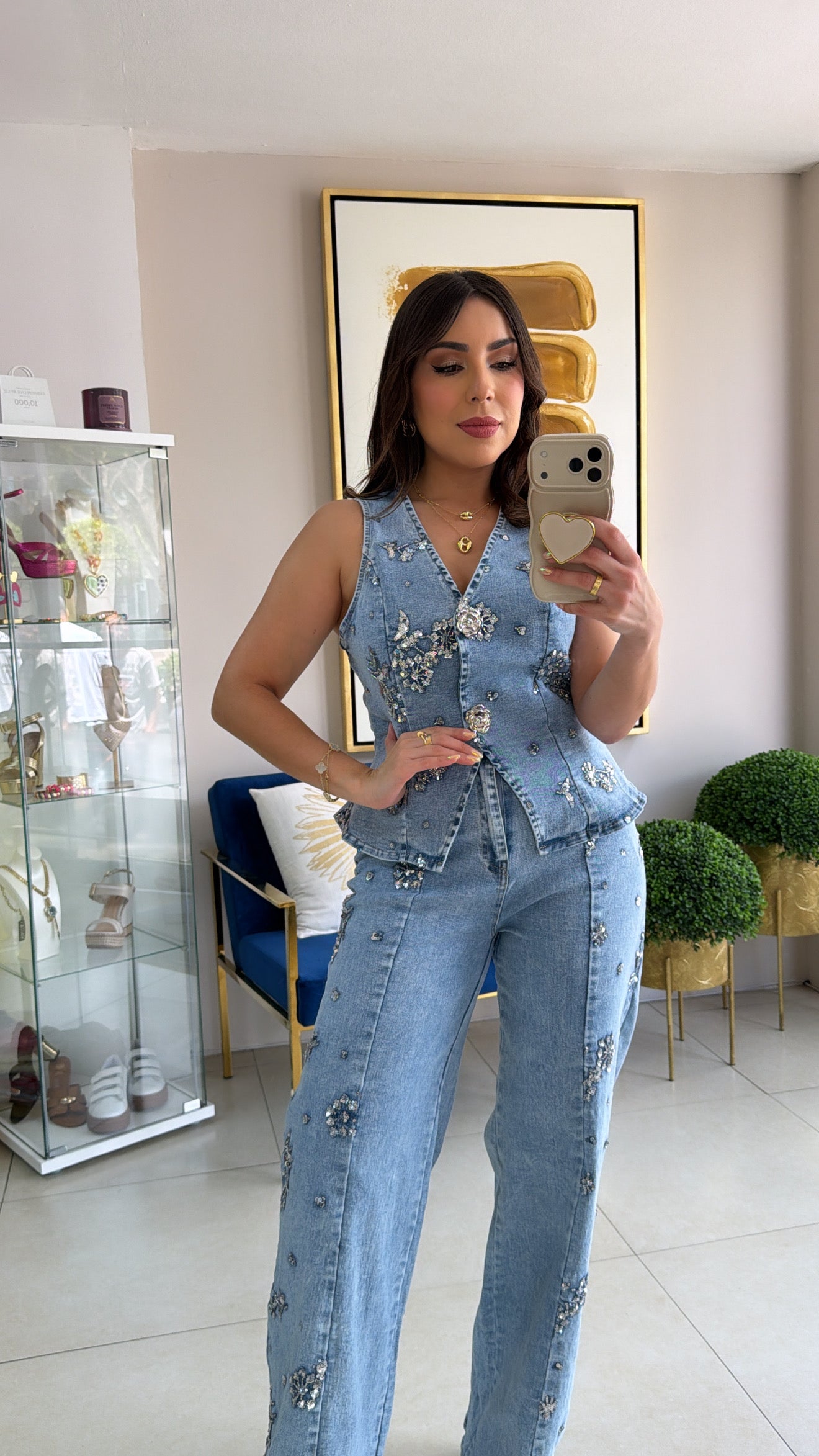 Denim Sequins Vest & Pant Set